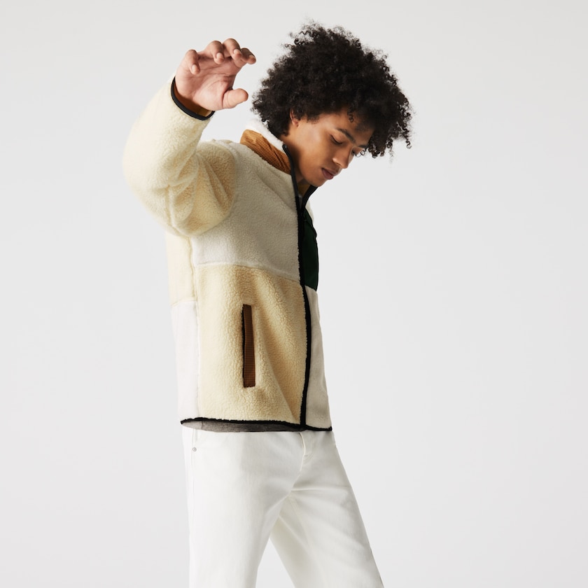 Moletons Lacoste Masculino Bege Branco LIVE Relaxed Fit Colorblock Sheepskin Fleece GS5-78807Q3