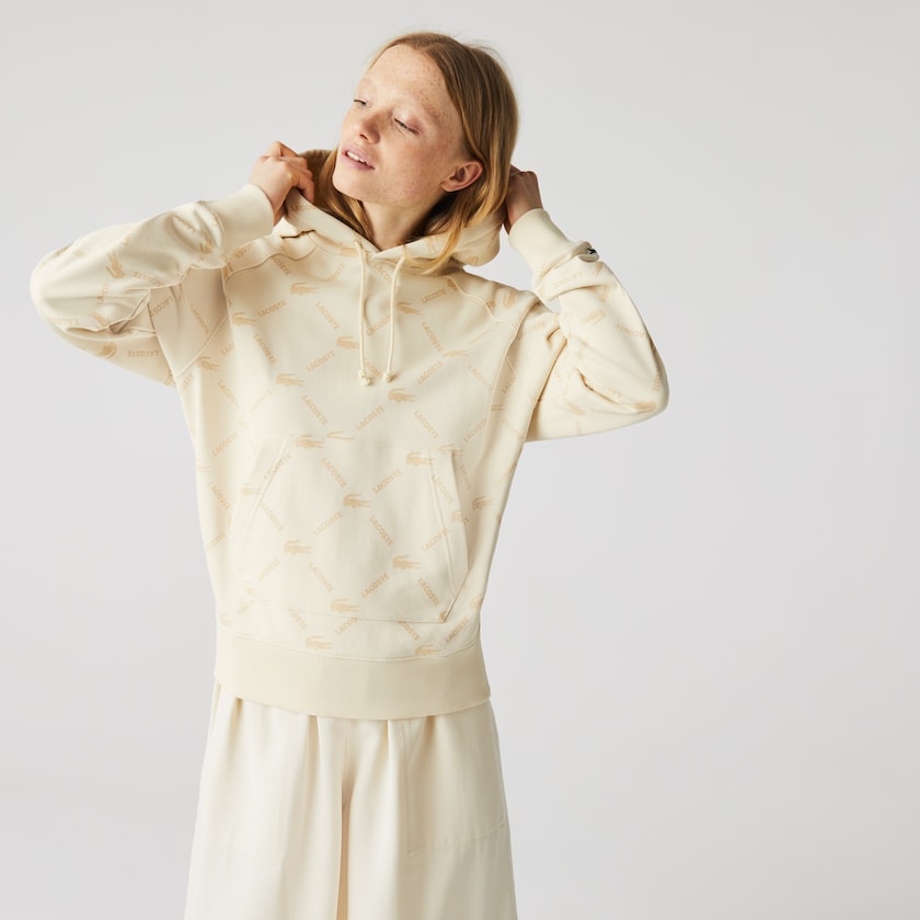 Moletons Lacoste Feminino Bege LIVE Relaxed Fit Hooded Monogram Cotton ZB5-92679R0