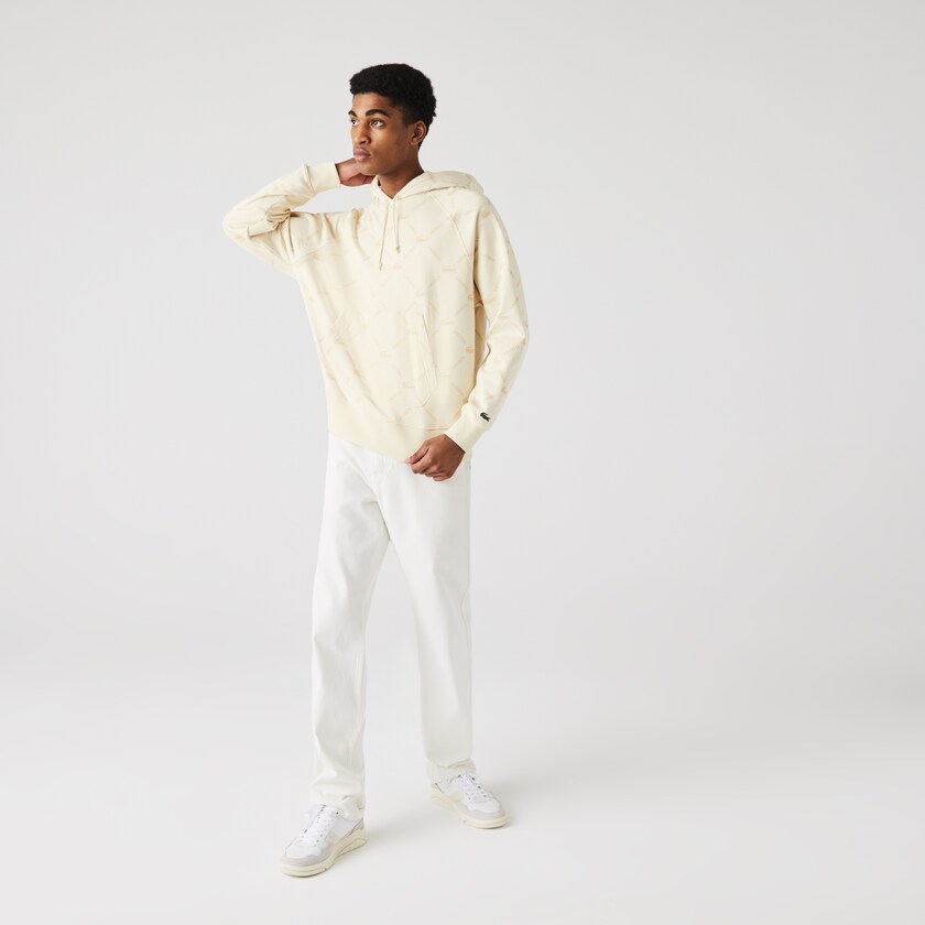 Moletons Lacoste Masculino Bege LIVE Relaxed Fit Hooded Monogram Cotton OB7-81538L2