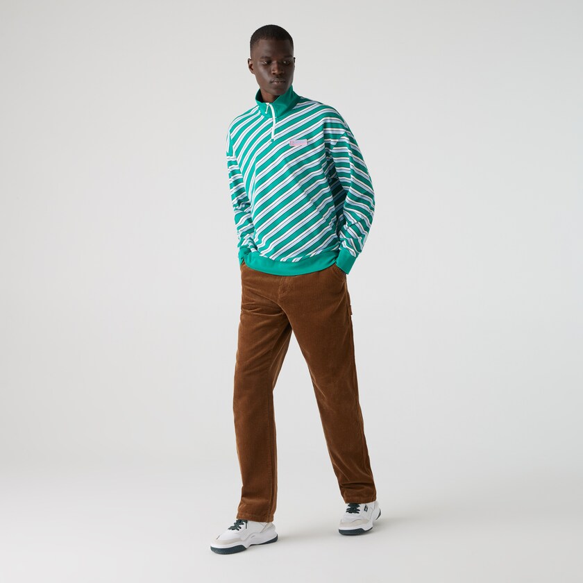Moletons Lacoste Masculino Verdes Branco LIVE Striped Stand-Up Collar Cotton FT3-35713R7