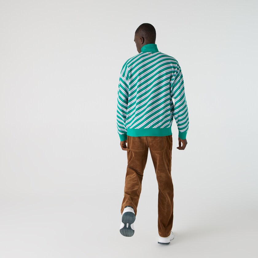 Moletons Lacoste Masculino Verdes Branco LIVE Striped Stand-Up Collar Cotton FT3-35713R7