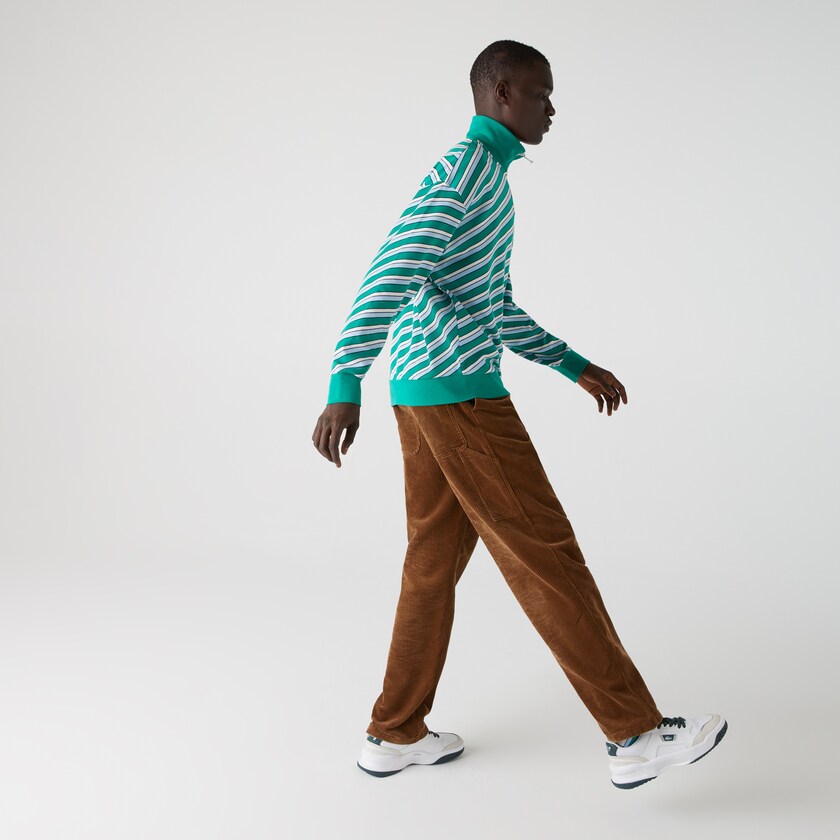 Moletons Lacoste Masculino Verdes Branco LIVE Striped Stand-Up Collar Cotton FT3-35713R7