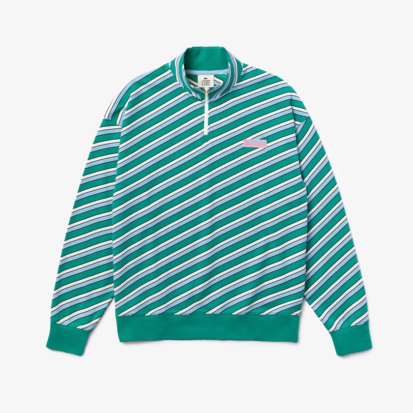 Moletons Lacoste Masculino Verdes Branco LIVE Striped Stand-Up Collar Cotton FT3-35713R7
