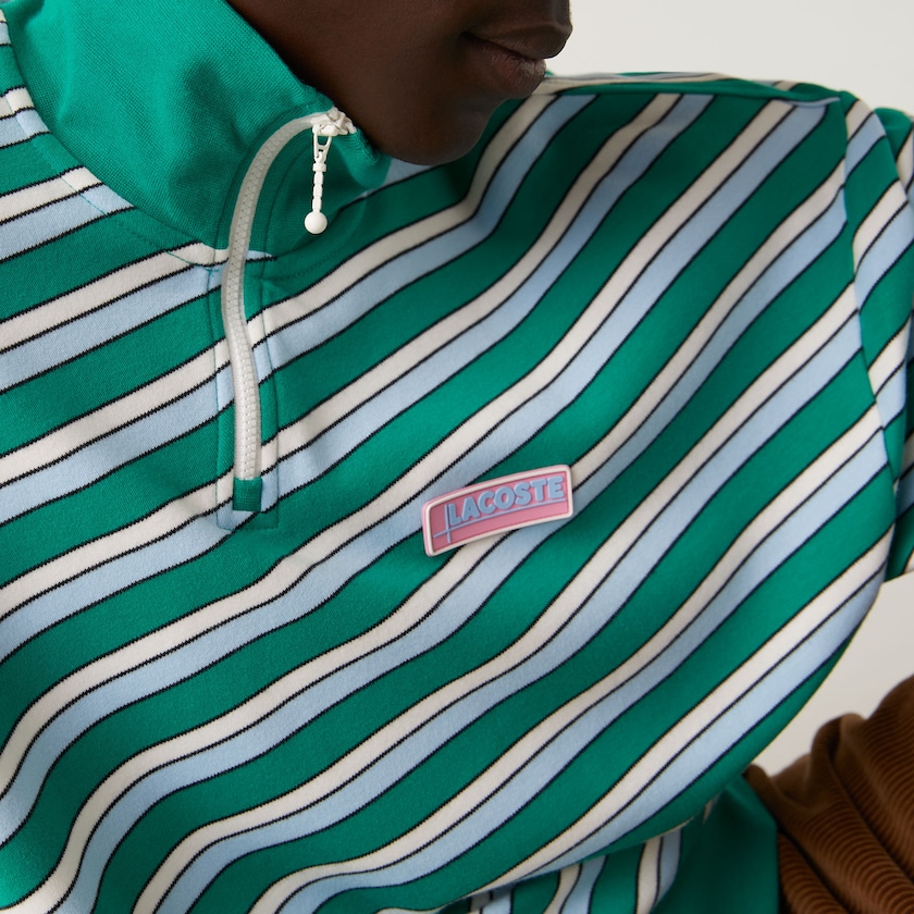 Moletons Lacoste Masculino Verdes Branco LIVE Striped Stand-Up Collar Cotton FT3-35713R7