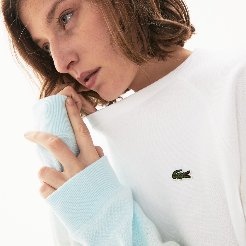 Moletons Lacoste Feminino Turquesa Luz Verdes Branco Made in France Crew Neck Organic Cotton YS3-09220I2