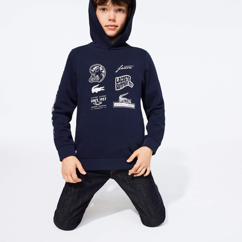 Moletons Lacoste Criança Azul Marinho Azuis Branco Signature Logos Cotton-Blend Hoodie BY3-25212J1