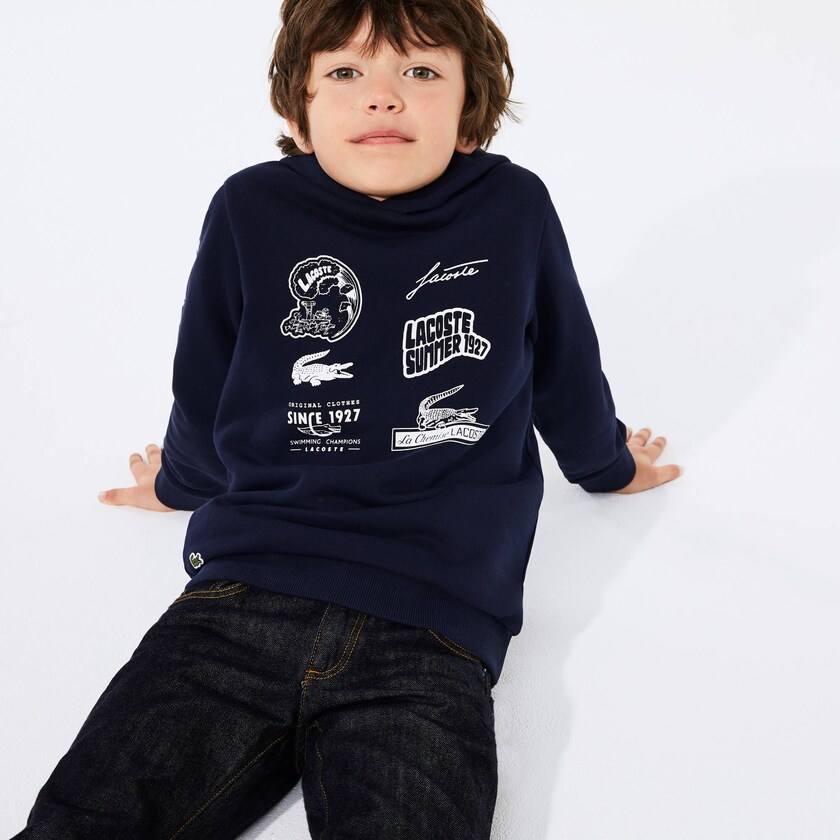 Moletons Lacoste Criança Azul Marinho Azuis Branco Signature Logos Cotton-Blend Hoodie BY3-25212J1