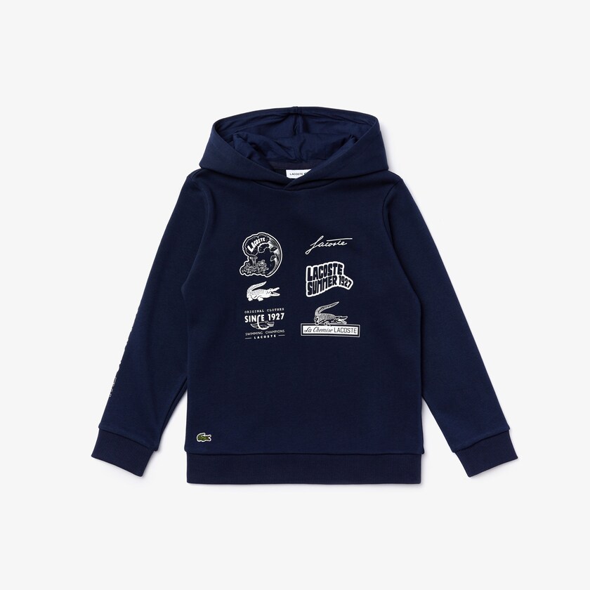 Moletons Lacoste Criança Azul Marinho Azuis Branco Signature Logos Cotton-Blend Hoodie BY3-25212J1