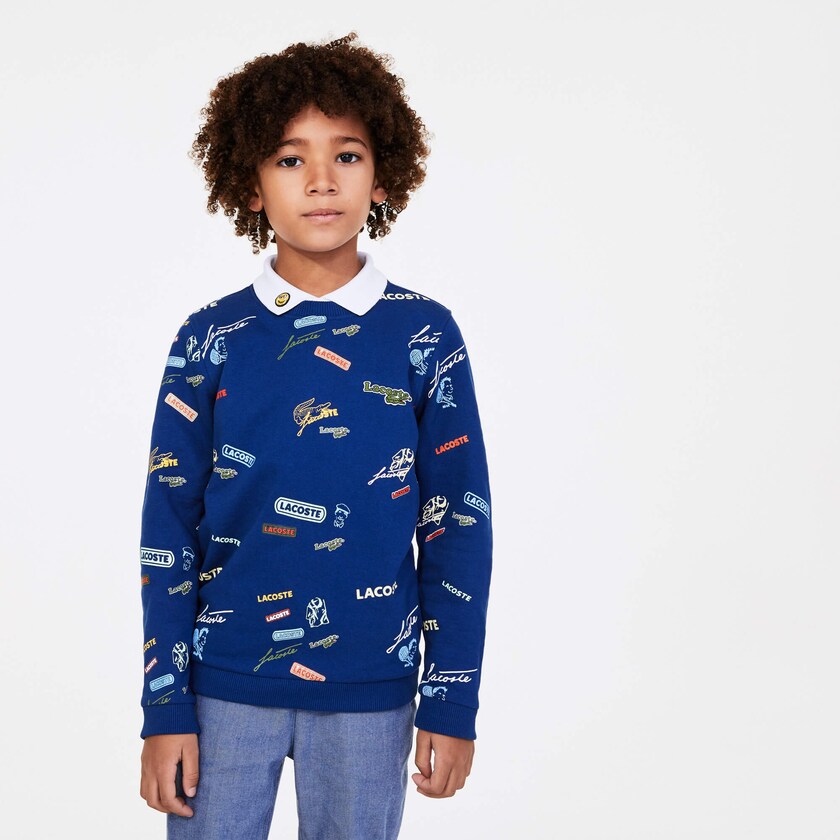 Moletons Lacoste Criança Azuis Branco Signature Print Cotton Fleece PH0-17191Q9