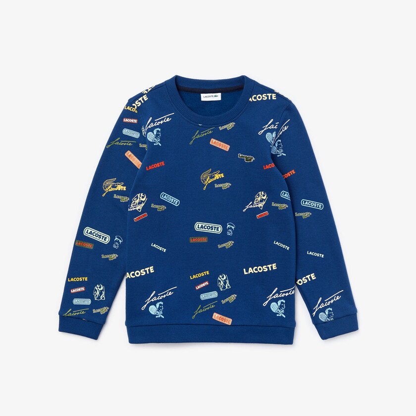 Moletons Lacoste Criança Azuis Branco Signature Print Cotton Fleece PH0-17191Q9
