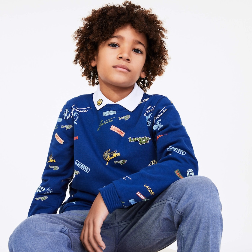 Moletons Lacoste Criança Azuis Branco Signature Print Cotton Fleece PH0-17191Q9