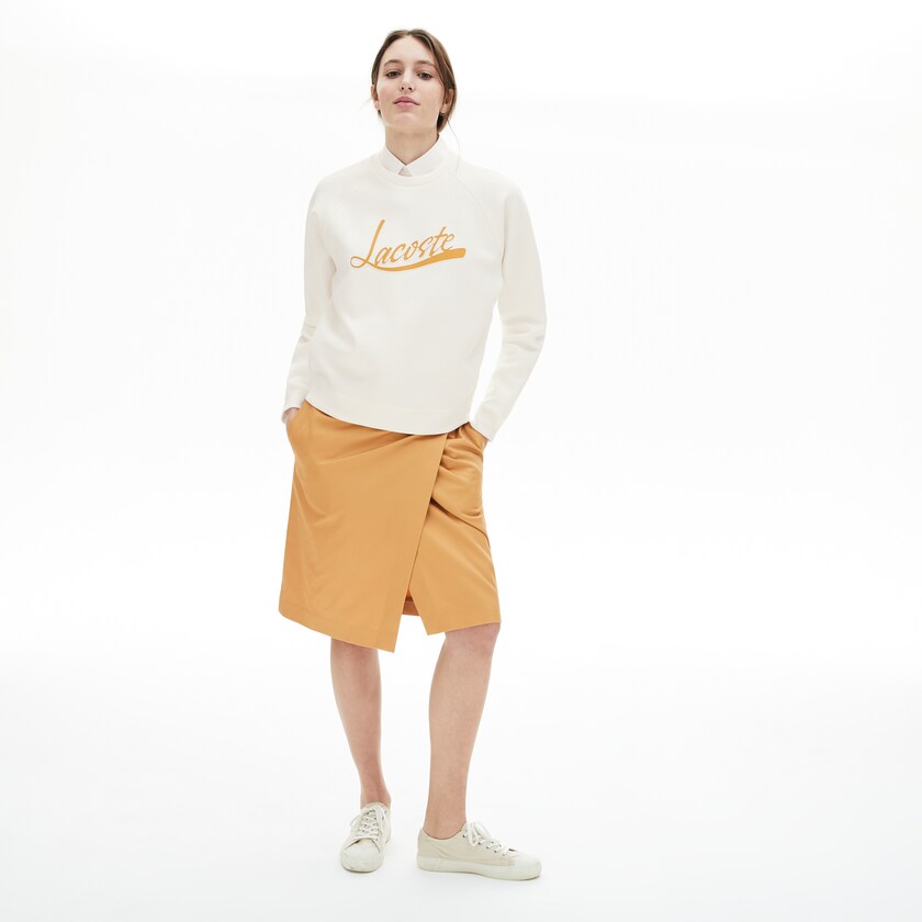 Moletons Lacoste Feminino Branco Luz Marrom Signature Print Crew Neck NK5-07150D2