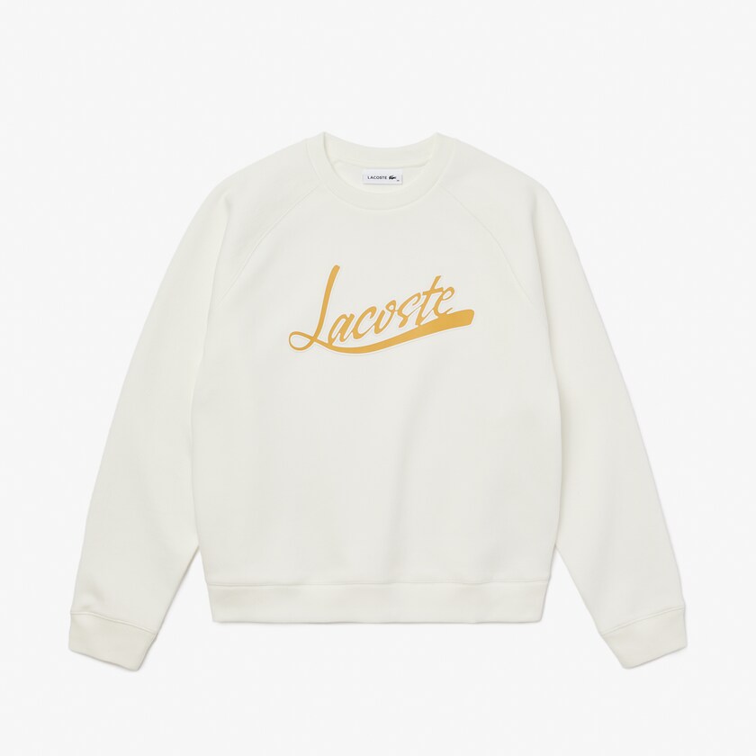 Moletons Lacoste Feminino Branco Luz Marrom Signature Print Crew Neck NK5-07150D2