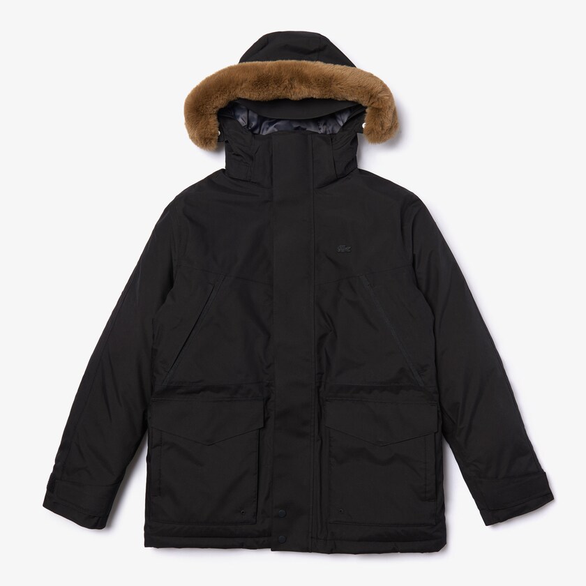 Parka Jackets Lacoste Masculino Pretas Cinzentas Escuro Detachable Faux Fur Hood Long Quilted BM5-47084O3