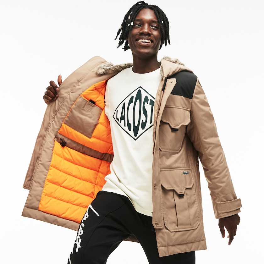 Parka Jackets Lacoste Masculino Bege Pretas LIVE Water-Resistant Canvas Quilted DY5-44444B2