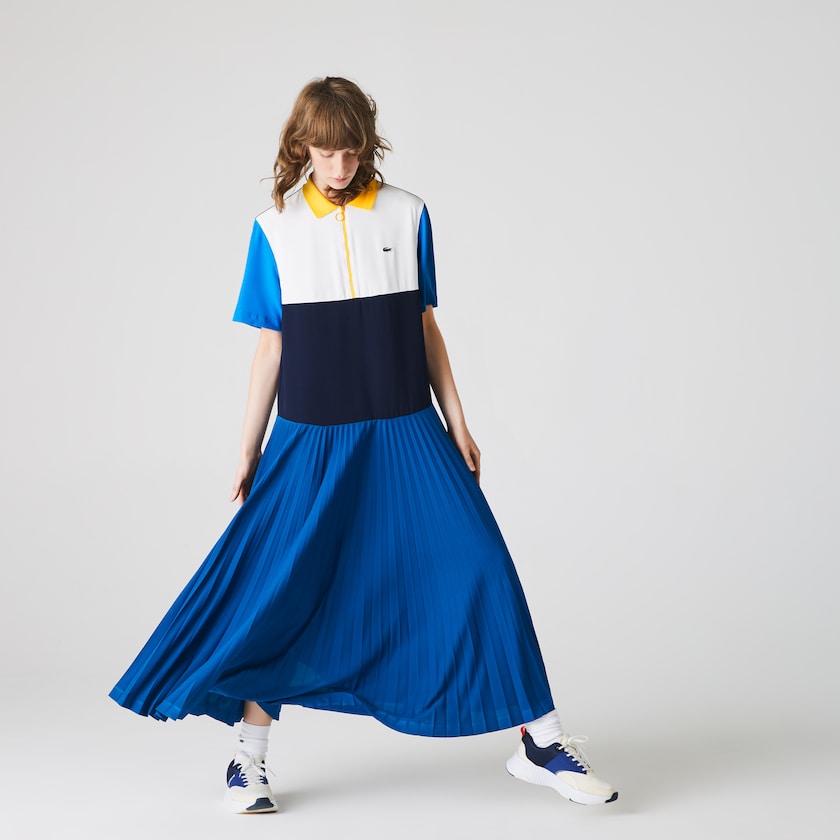 Vestido Polo Lacoste Feminino Azuis Azul Marinho Azuis Branco Azuis Amarelas Colorblock Flowy Pleated Skirt BF4-69966S4