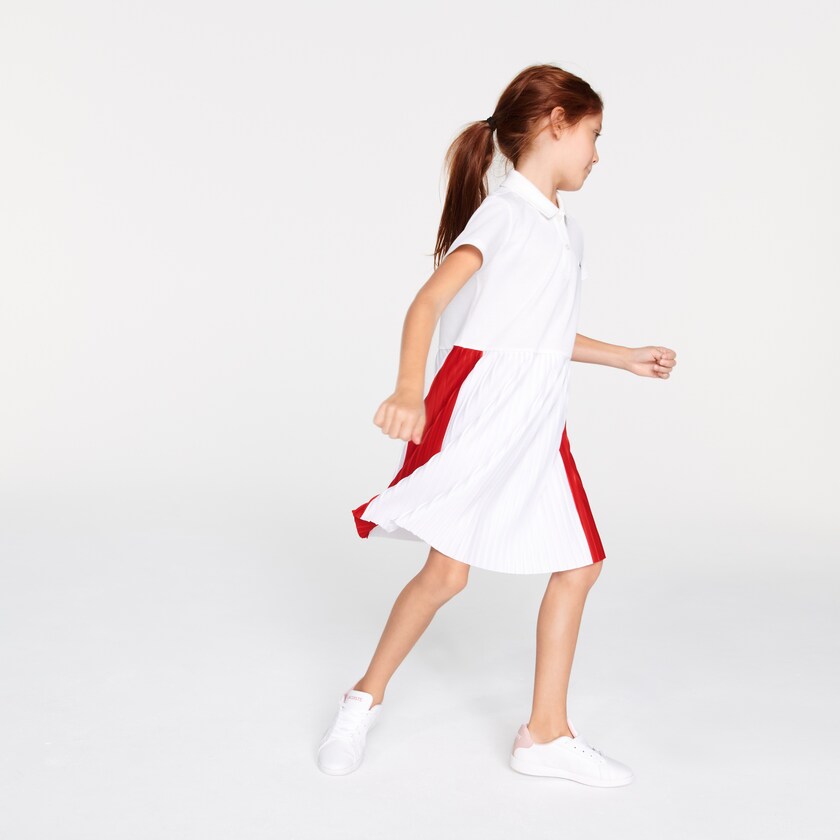 Vestido Polo Lacoste Feminino Branco Vermelhas Pleated Lightweight Cotton Piqué XK5-17781K9