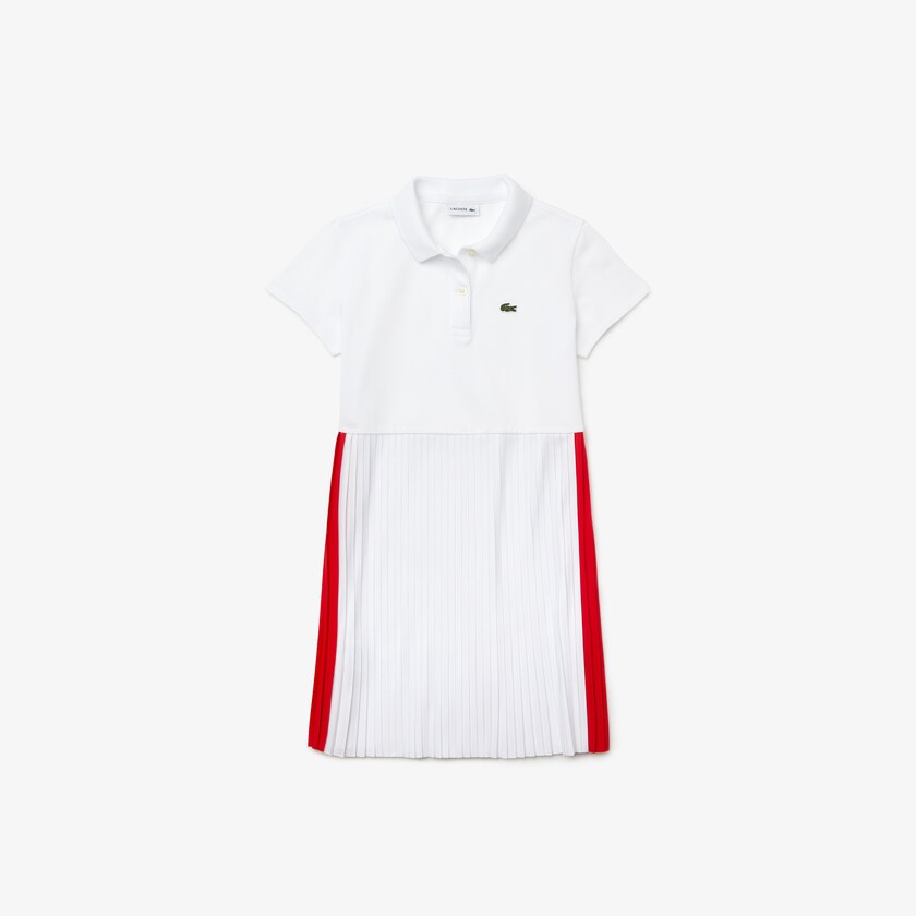Vestido Polo Lacoste Feminino Branco Vermelhas Pleated Lightweight Cotton Piqué XK5-17781K9