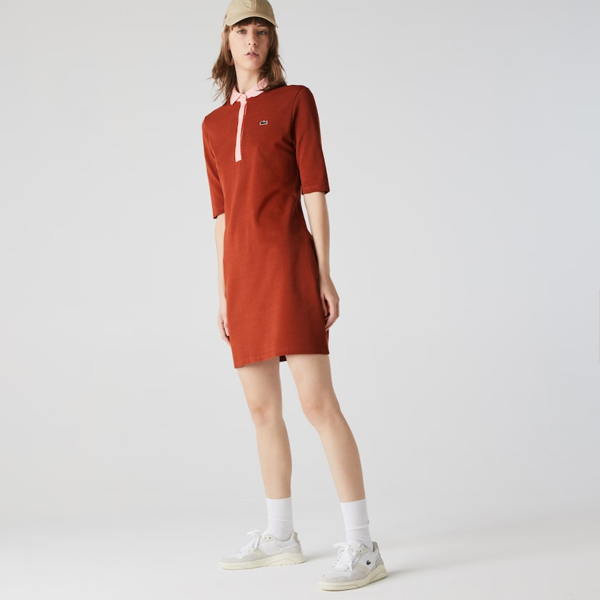 Vestido Polo Lacoste Feminino Marrom Rosa Premium Cotton Piqué FE8-17591N8