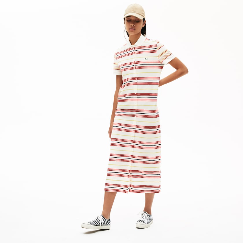 Vestido Polo Lacoste Feminino Branco Vermelhas Amarelas Azul Marinho Azuis Luz Rosa Striped Cotton Buttoned DH7-61116M1