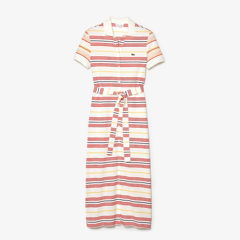 Vestido Polo Lacoste Feminino Branco Vermelhas Amarelas Azul Marinho Azuis Luz Rosa Striped Cotton Buttoned DH7-61116M1