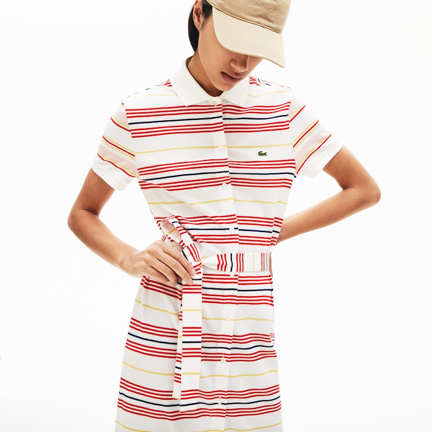 Vestido Polo Lacoste Feminino Branco Vermelhas Amarelas Azul Marinho Azuis Luz Rosa Striped Cotton Buttoned DH7-61116M1