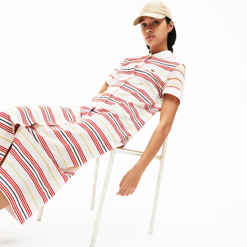 Vestido Polo Lacoste Feminino Branco Vermelhas Amarelas Azul Marinho Azuis Luz Rosa Striped Cotton Buttoned DH7-61116M1