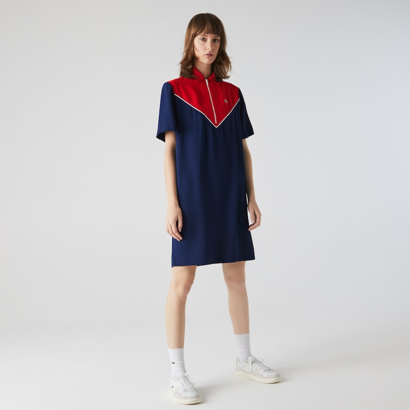 Vestido Polo Lacoste Feminino Azuis Branco Vermelhas Zip-Collar Colorblock AW8-04180N7