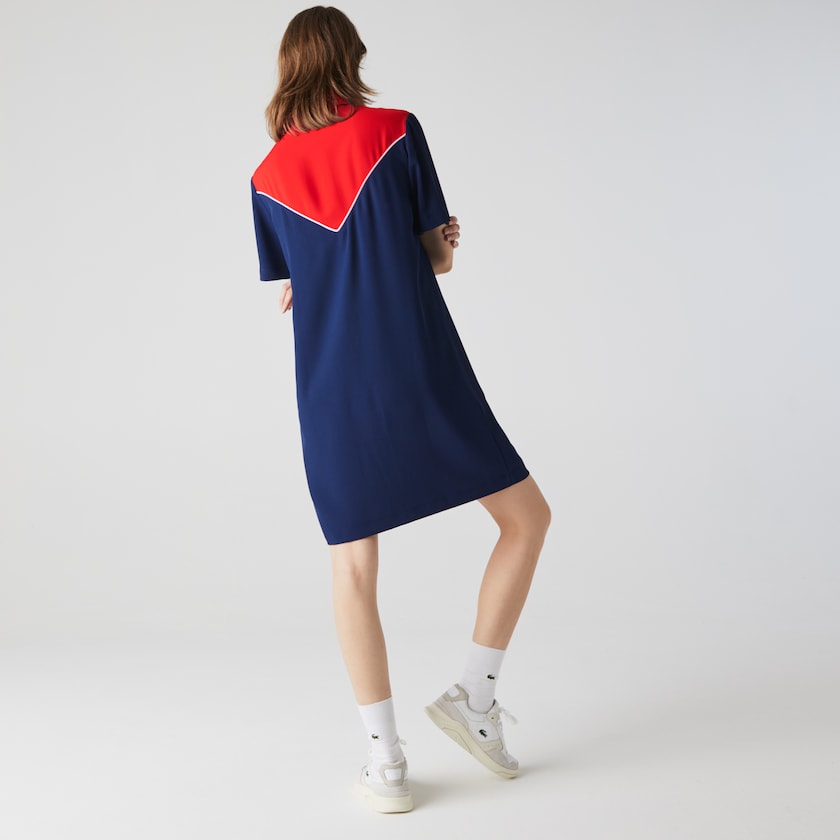 Vestido Polo Lacoste Feminino Azuis Branco Vermelhas Zip-Collar Colorblock AW8-04180N7