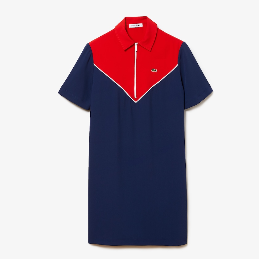 Vestido Polo Lacoste Feminino Azuis Branco Vermelhas Zip-Collar Colorblock AW8-04180N7