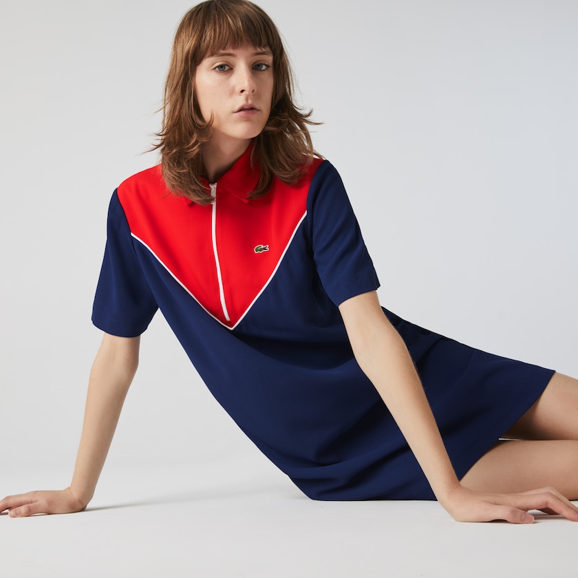 Vestido Polo Lacoste Feminino Azuis Branco Vermelhas Zip-Collar Colorblock AW8-04180N7