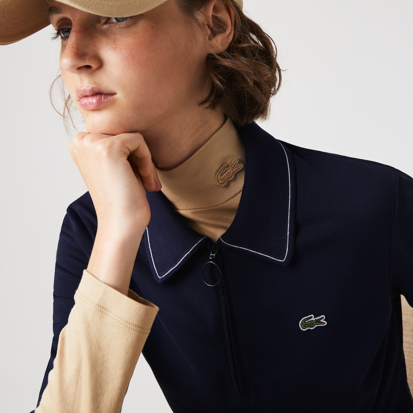 Vestido Polo Lacoste Feminino Azul Marinho Azuis Branco Zippered Short Stretch Cotton Piqué IP7-89958M7