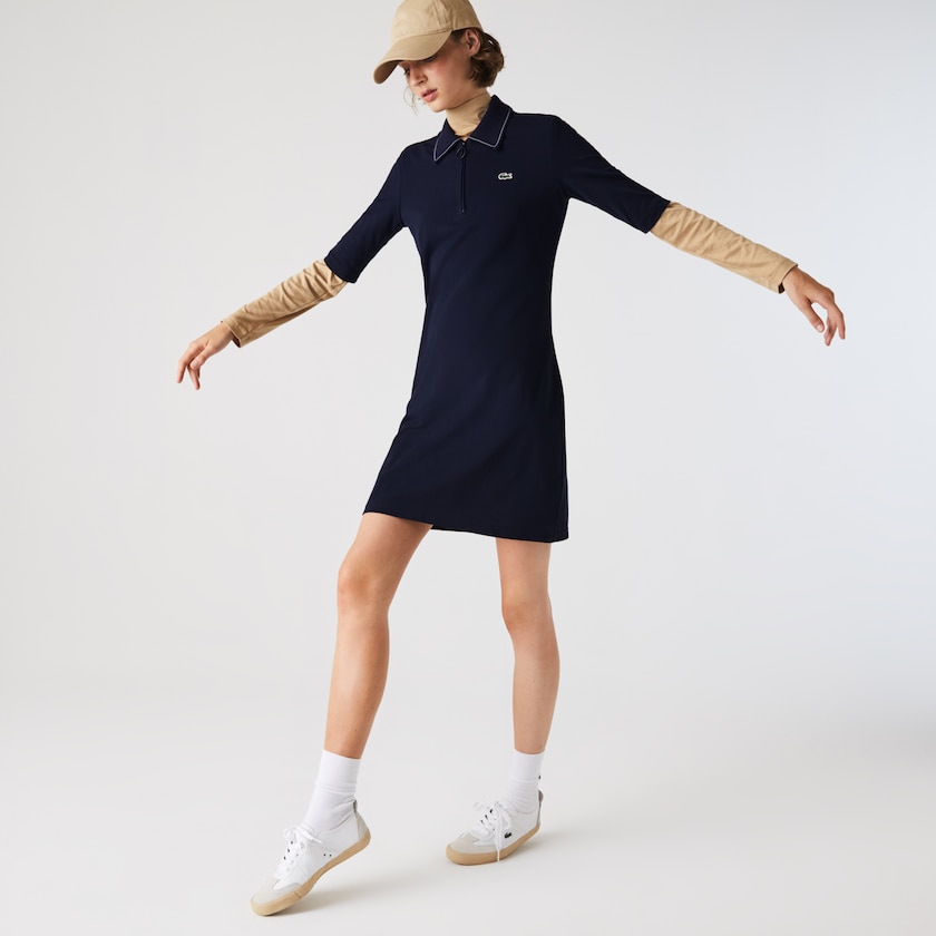 Vestido Polo Lacoste Feminino Azul Marinho Azuis Branco Zippered Short Stretch Cotton Piqué IP7-89958M7