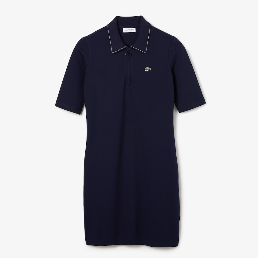 Vestido Polo Lacoste Feminino Azul Marinho Azuis Branco Zippered Short Stretch Cotton Piqué IP7-89958M7