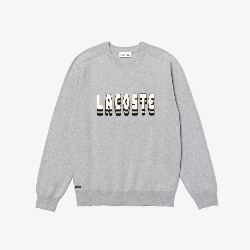 Suéteres Lacoste Masculino Cinzentas 3D-Lettering Crewneck Cotton Blend AO5-57345U0