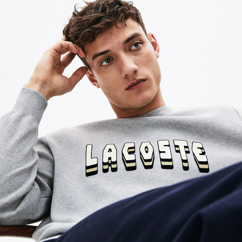 Suéteres Lacoste Masculino Cinzentas 3D-Lettering Crewneck Cotton Blend AO5-57345U0