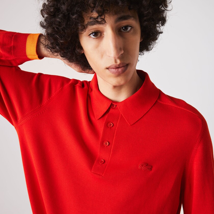 Suéteres Lacoste Masculino Vermelhas Vermelhas Escuro Vermelhas Contrast Striped Polo Collar Organic Cotton MZ4-06800Y5