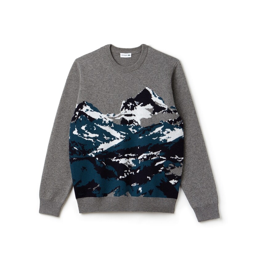 Suéteres Lacoste Masculino Cinzentas Verdes Azuis Branco Crew Neck Alpine Print Wool And Cotton Jacquard UV3-12581U2