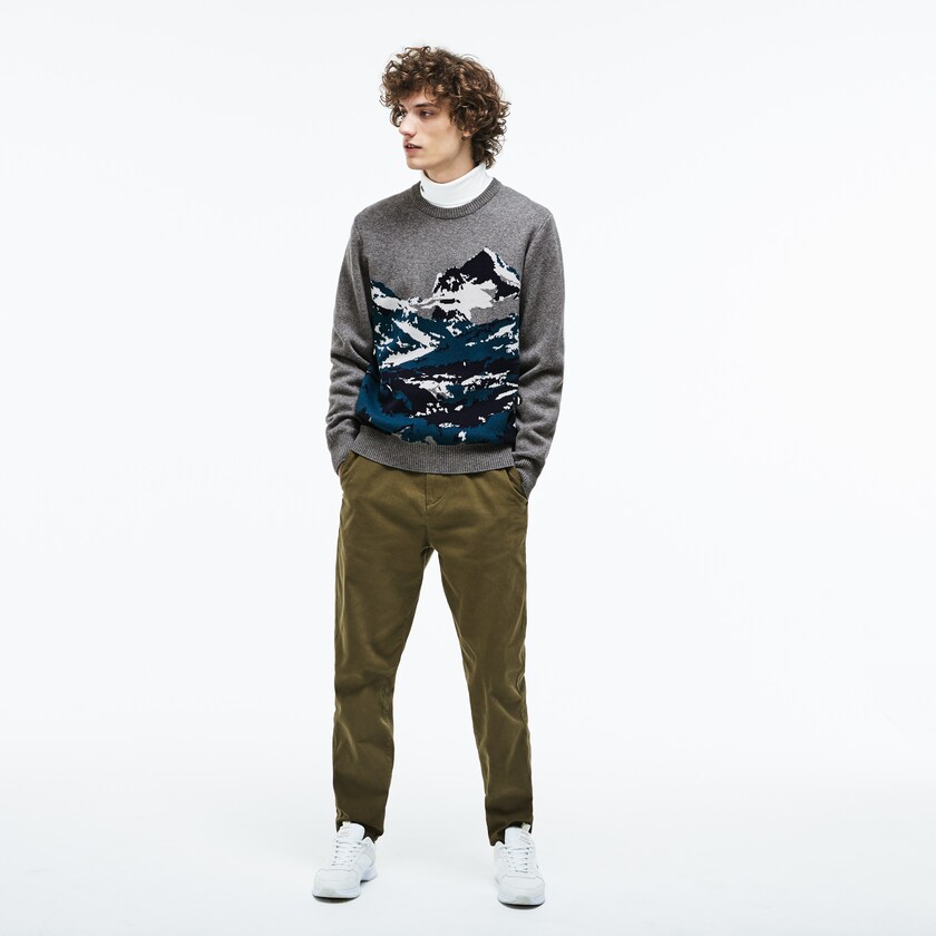 Suéteres Lacoste Masculino Cinzentas Verdes Azuis Branco Crew Neck Alpine Print Wool And Cotton Jacquard UV3-12581U2