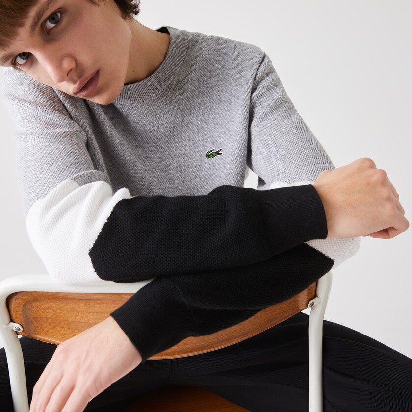 Suéteres Lacoste Masculino Cinzentas Branco Pretas Crew Neck Colorblock Cotton RR1-90949T3