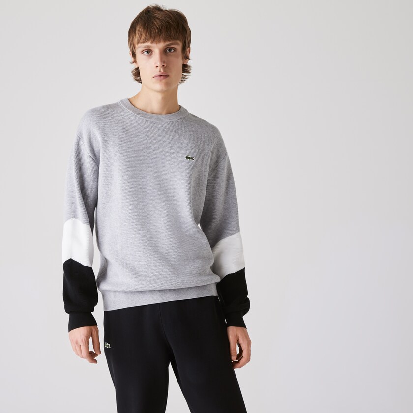 Suéteres Lacoste Masculino Cinzentas Branco Pretas Crew Neck Colorblock Cotton RR1-90949T3