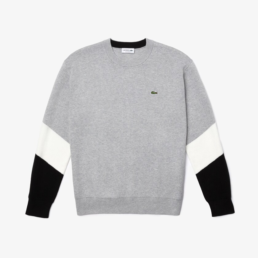 Suéteres Lacoste Masculino Cinzentas Branco Pretas Crew Neck Colorblock Cotton RR1-90949T3