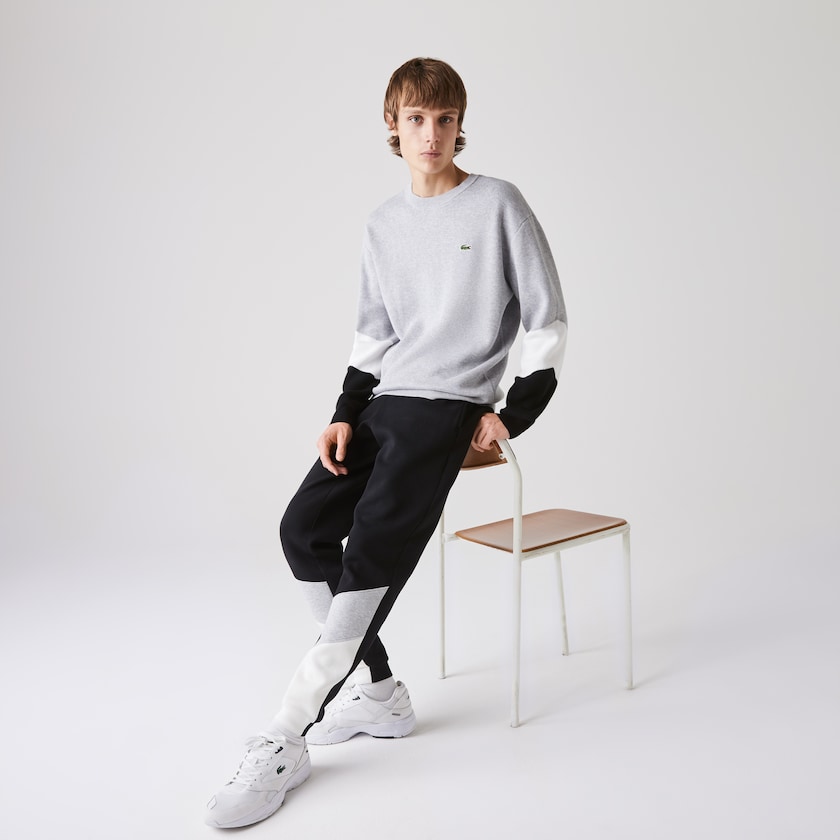 Suéteres Lacoste Masculino Cinzentas Branco Pretas Crew Neck Colorblock Cotton RR1-90949T3