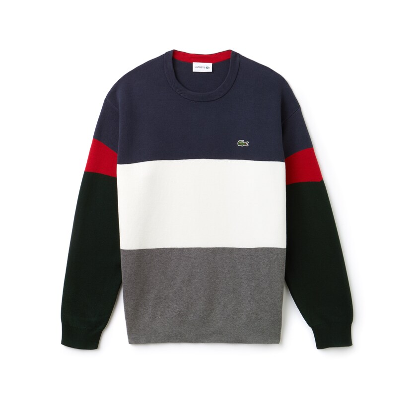 Suéteres Lacoste Masculino Cinzentas Branco Azuis Vermelhas Verdes Crew Neck Colorblock Flat Ribbed Cotton OE1-06560W7