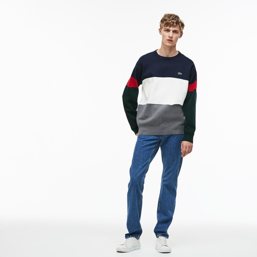 Suéteres Lacoste Masculino Cinzentas Branco Azuis Vermelhas Verdes Crew Neck Colorblock Flat Ribbed Cotton OE1-06560W7