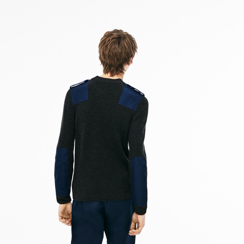 Suéteres Lacoste Masculino Cinzentas Azul Marinho Azuis Crew Neck Colorblock Ribbed Wool And Cotton AL7-51395G4
