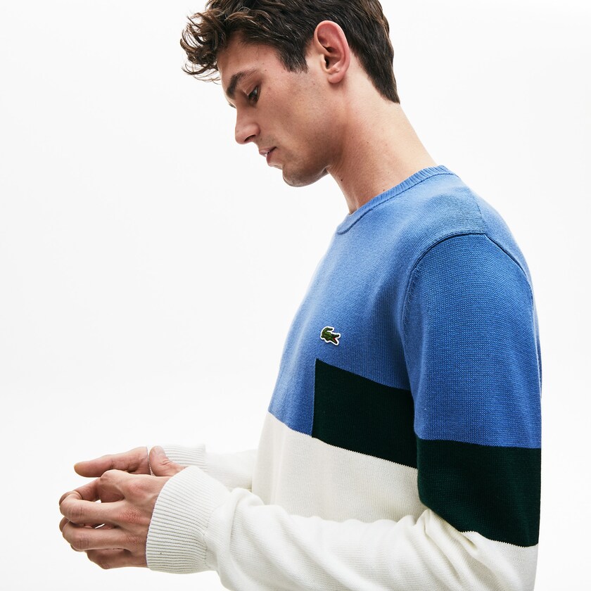 Suéteres Lacoste Masculino Branco Azuis Verdes Crew Neck Colorblock Wool And Cotton Blend QB6-37303Y3
