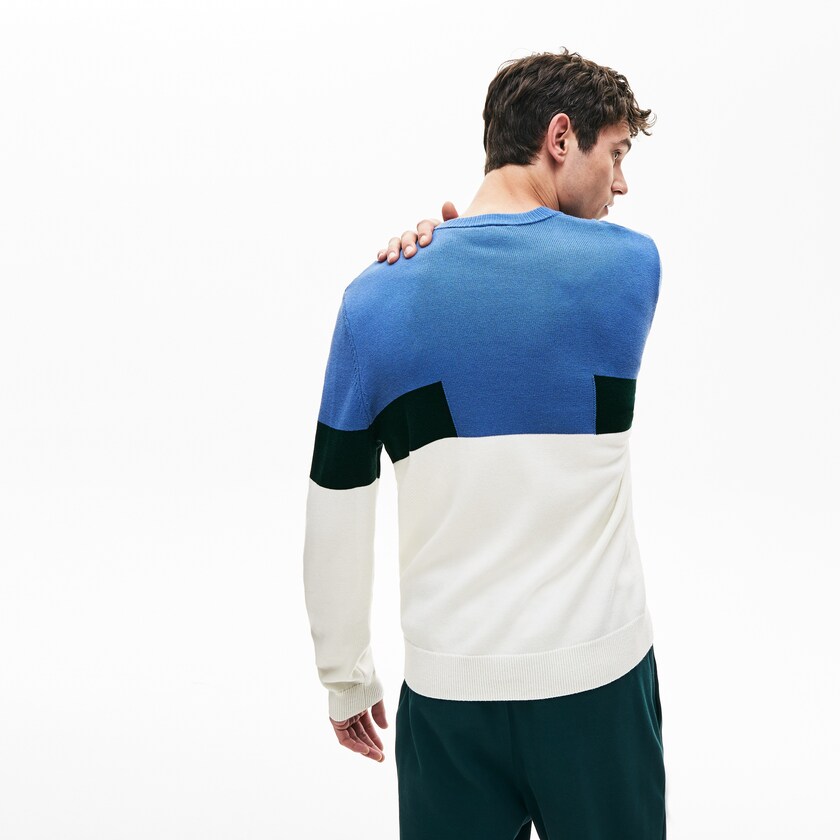 Suéteres Lacoste Masculino Branco Azuis Verdes Crew Neck Colorblock Wool And Cotton Blend QB6-37303Y3