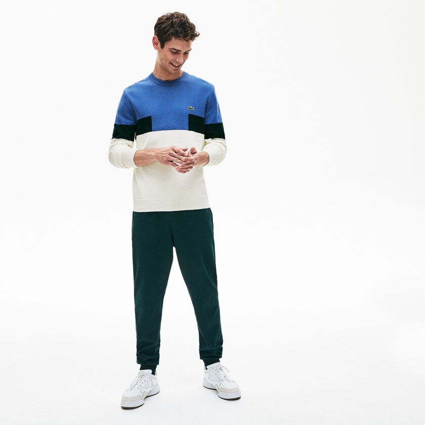 Suéteres Lacoste Masculino Branco Azuis Verdes Crew Neck Colorblock Wool And Cotton Blend QB6-37303Y3