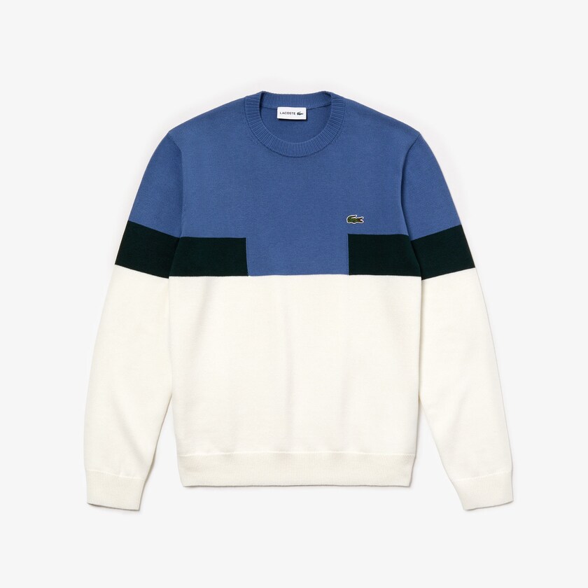 Suéteres Lacoste Masculino Branco Azuis Verdes Crew Neck Colorblock Wool And Cotton Blend QB6-37303Y3